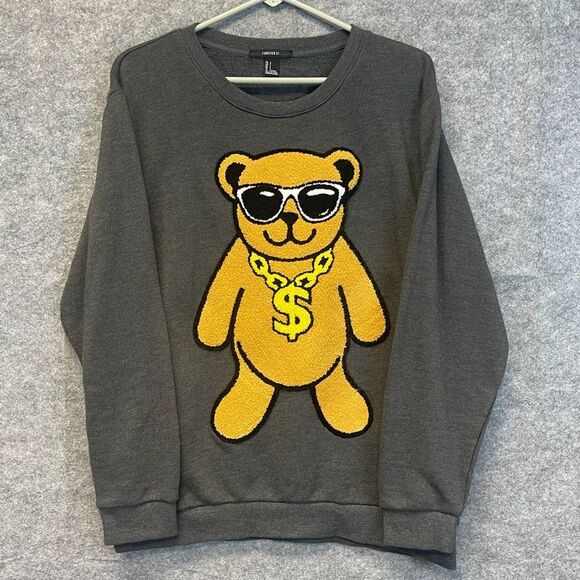 FOREVER 21 Graphic Bear Crewneck Sweatshirt Large Gray Hip Hop Dollar Chain - Picture 1 of 14